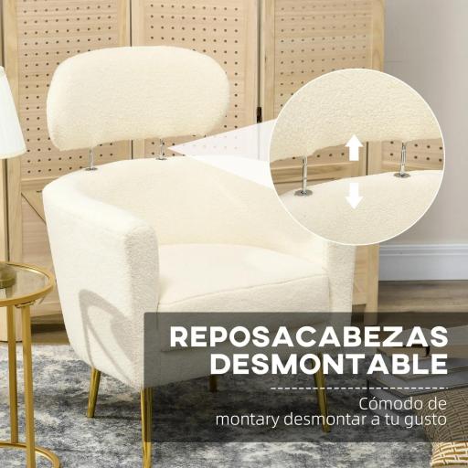Sillón de Salón Sofá Individual con Reposacabezas y Patas de Metal para Dormitorio Oficina Carga 125 kg Crema [2]