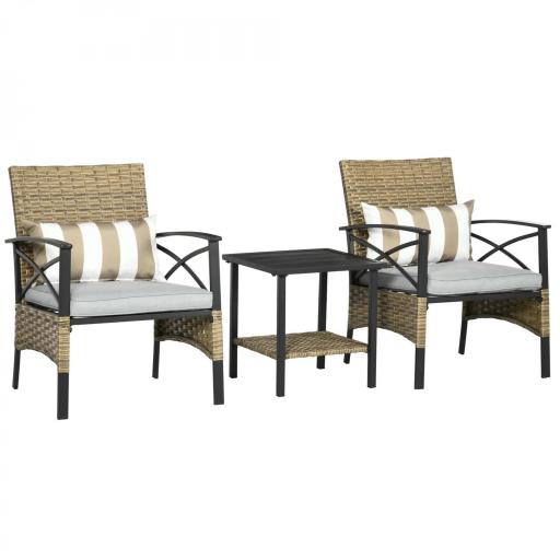 Conjunto Mesa y 2 Sillas de Jardín de Ratán Sintético con 2 Cojines Decorativos 46x46x48 cm y 59x71x80 cm Marrón [8]