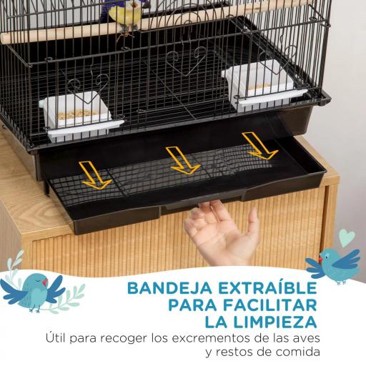 Jaula para Pájaros de Acero Pajarera con Bandeja Extraíble y 2 Comederos Pinzones Periquitos 50,5x41x63 cm Negro [5]
