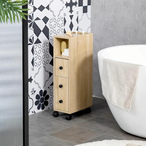 Armario de Baño con Ruedas Mueble Auxiliar para Baño con Estante Abierto Puerta y Cajón 18x30x68,5 cm Roble [6]