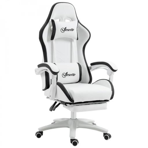 Silla Gaming Silla Gamer de Cuero PU Altura Ajustable Reclinable 135° Reposacabezas y Reposapiés 65x65x121-129 cm Blanco [9]