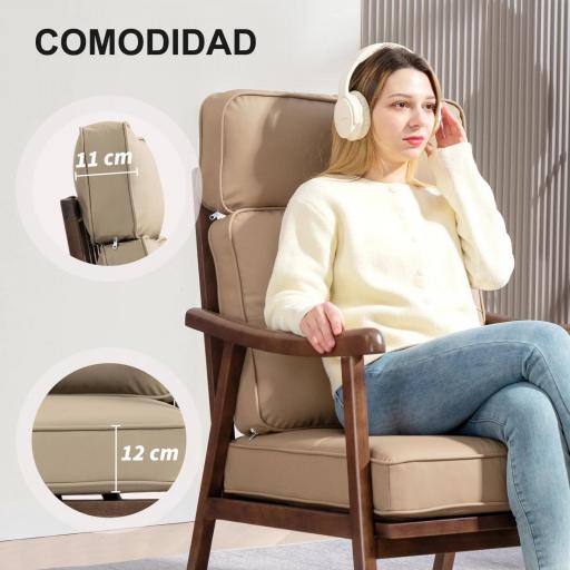 Sillón de Salón Tapizado en PU con Marco de Madera Cojines Acolchados Gruesos Caqui y Madera Nogal [4]