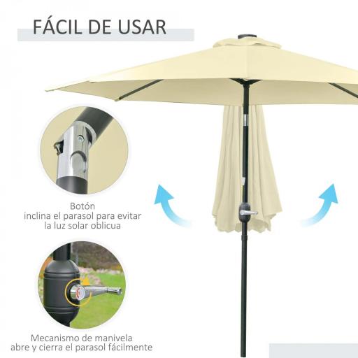 Sombrilla Terraza Exterior Ø265 cm Sombrilla de Jardín con 32 Luces LED Solares Poste de Acero y Manivela Parasol Inclinable para Patio Terraza Beige [4]