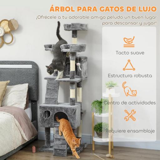 Árbol Rascador para Gatos Árbol para Gatos 153 cm con 2 Cuevas 3 Camas 2 Rampas Postes de Sisal Ratones Colgantes Gris [2]