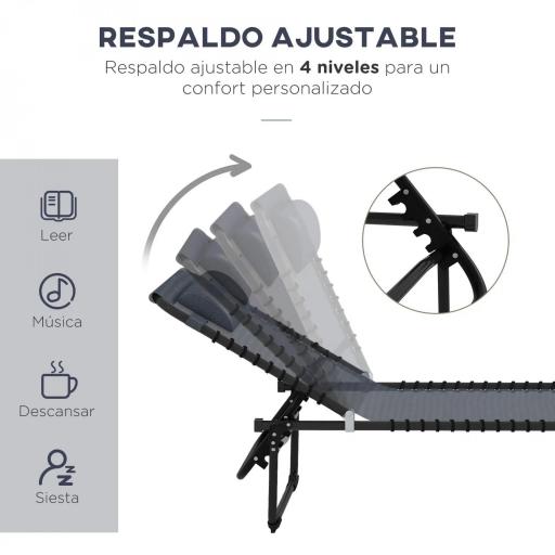 Tumbona Plegable y Ajustable de 4 Posiciones Silla Reclinable de Jardín con Sistema de Cordones para Exterior Marco Acero 197x58x30 cm Gris [2]