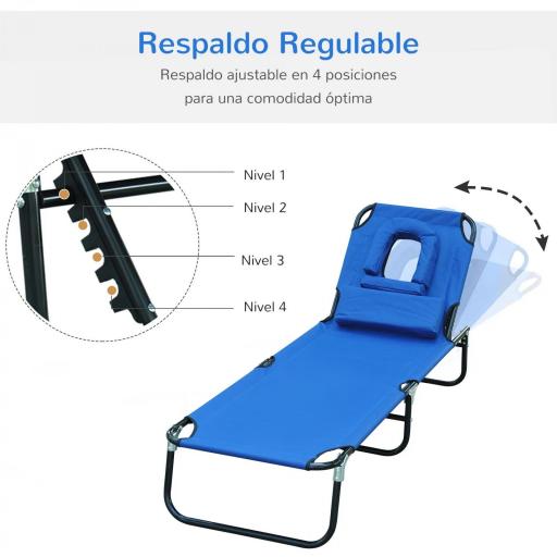 Tumbona Plegable con Respaldo Regulable en 4 Posiciones Tumbona de Jardín con Orificio de Lectura Almohada Marco Metálico y Tela Oxford para Playa Terraza Carga 120 kg 190x56x28 cm Azul [4]