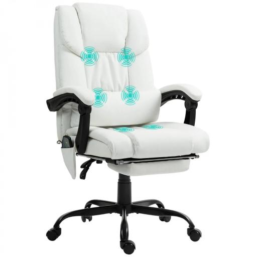 Silla de Oficina con Masaje de 6 Puntos Respaldo Alto Reclinable Altura Ajustable Reposapiés y Mando a Distancia Blanco [8]