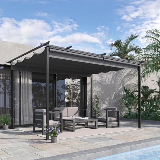 Pérgola de Jardín Cenador para Exterior con Techo Retráctil y 4 Cortinas Enrollables 4x3 m Gris Oscuro