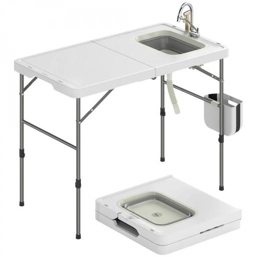 Mesa de Limpieza de Pescado Plegable con Altura Regulable Fregadero Grifo Manguera Cesta Plegable Ranuras y Bolsa [8]