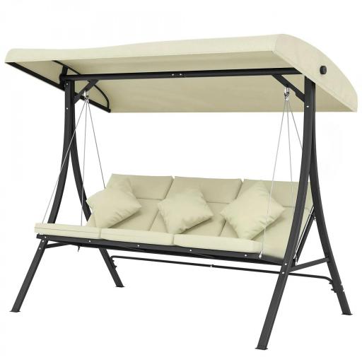 Balancín de Jardín Exterior Columpio de 3 Plazas con Toldo Ajustable y Marco de Acero 202x115x168 cm Beige [9]
