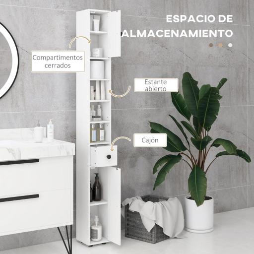Mueble Auxiliar Baño Moderno con 1 Cajón 5 Estantes y 2 Armarios para Salón Dormitorio Carga 30 kg 20x20x180 cm Blanco [6]