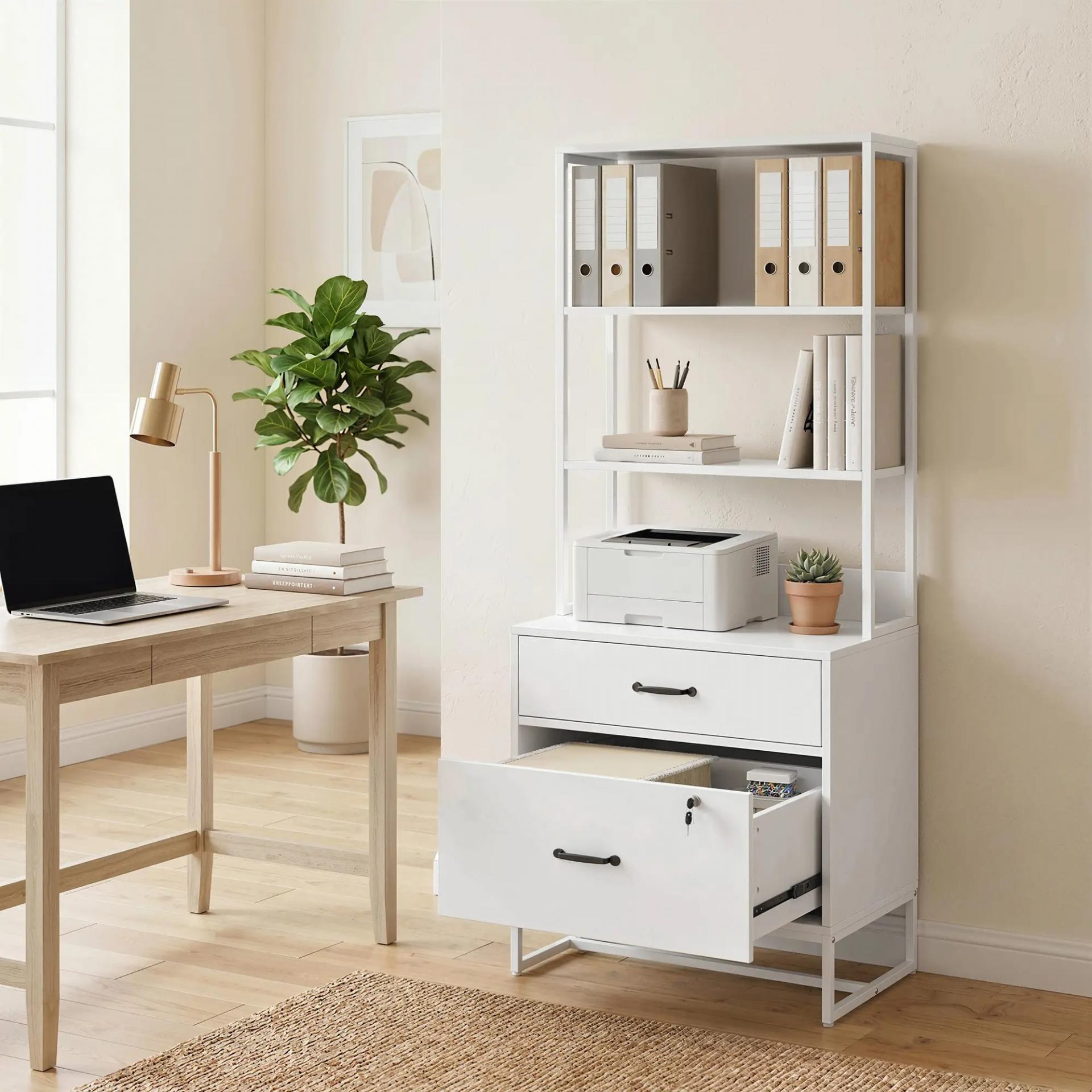 Mueble Archivador con Estantería 2 Cajones Encimera para Impresora Cerradura para A4 Letter Legal Blanco
