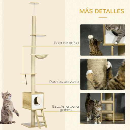Árbol para Gatos de Suelo a Techo con Altura Ajustable y Juego de Entretenimiento Libre 40x40x225-285 cm Beige [2]