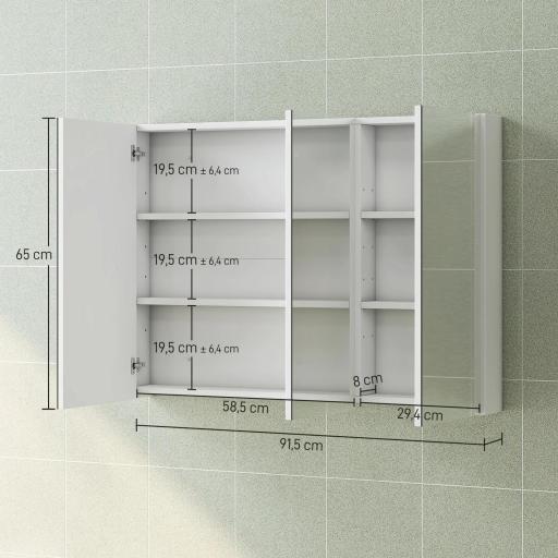 Armario de Baño con Espejo Armario de Pared con 3 Puertas Estantes Ajustables 91,5x11,5x65 cm Blanco [1]