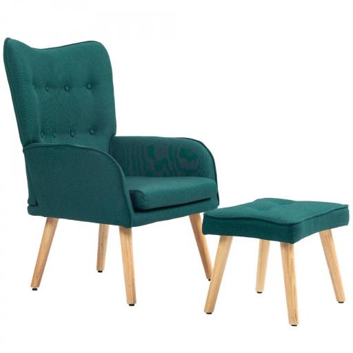 Sillón con Reposapiés Sillón Lectura con Respaldo Alto Capitoné Patas de Madera y Tapizado en Lino Verde Oscuro [8]