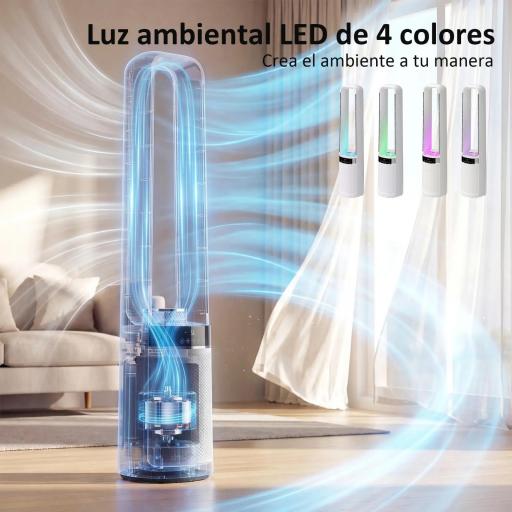 Ventilador de Torre Silencioso sin Aspas con Luces LED de 4 Colores Mando a Distancia Temporizador de 12 horas Blanco [7]