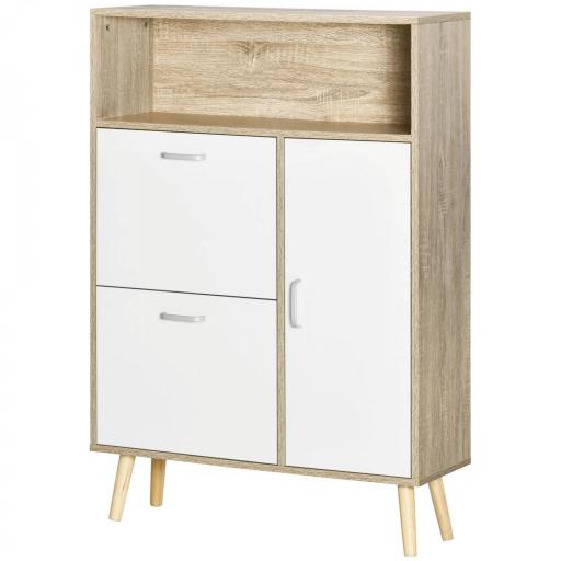 Mueble Zapatero para 8 Pares de Calzado con 2 Cajones Abatibles Armario y Balda 80x25,5x112,5 cm Natural y Blanco [9]