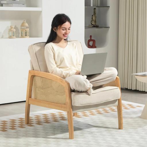 Butaca de Estilo Moderno con Apoyabrazos de Ratán Sintético Asiento de Espuma y Cojín Extraíble 67x75x88 cm Beige [3]