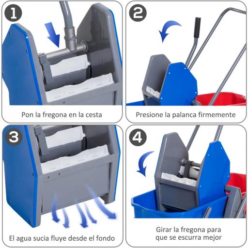 Carro de Limpieza Profesional Carro de Fregado de Metal con 2 Cubos de 25 Litros Extraíbles Escurridor Prensa Manual y 4 Ruedas 73x45x92 cm Rojo y Azul [5]