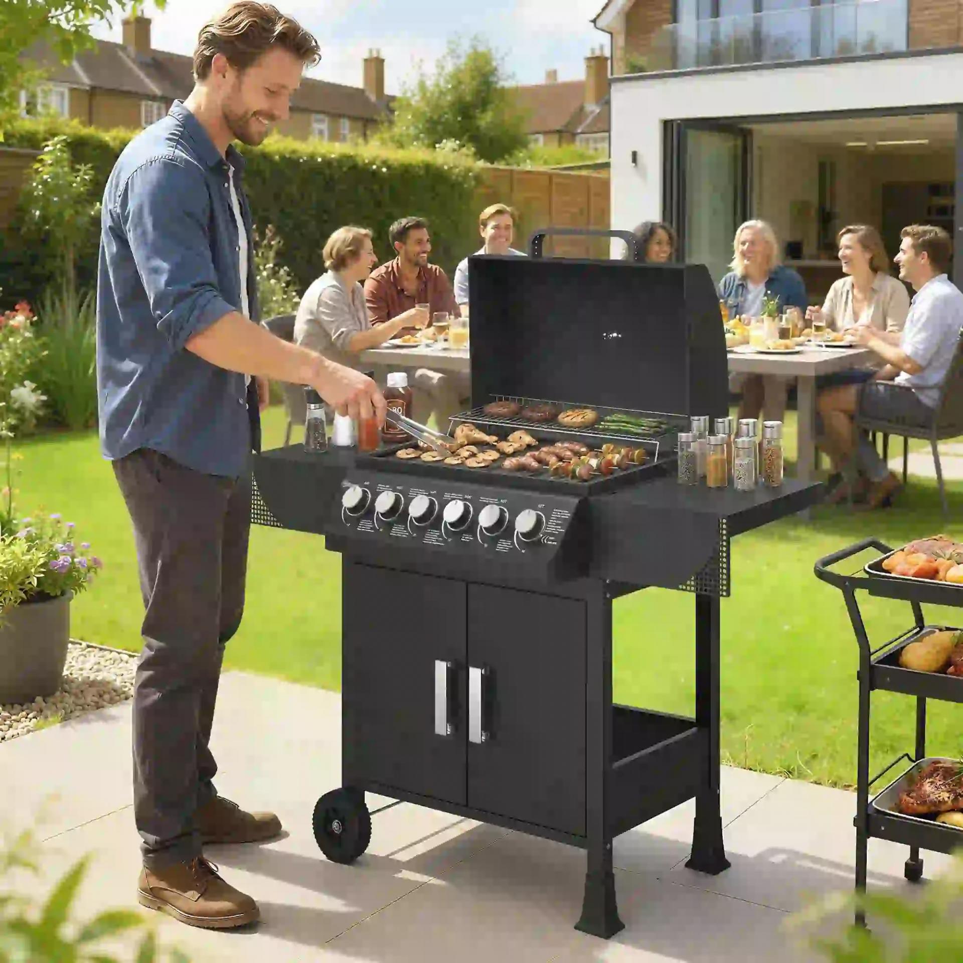 Barbacoa de Gas con 6 Quemadores 15 kW Termómetro Parrilla Mesas Laterales Armario y Ruedas 135x51x101 cm Negro