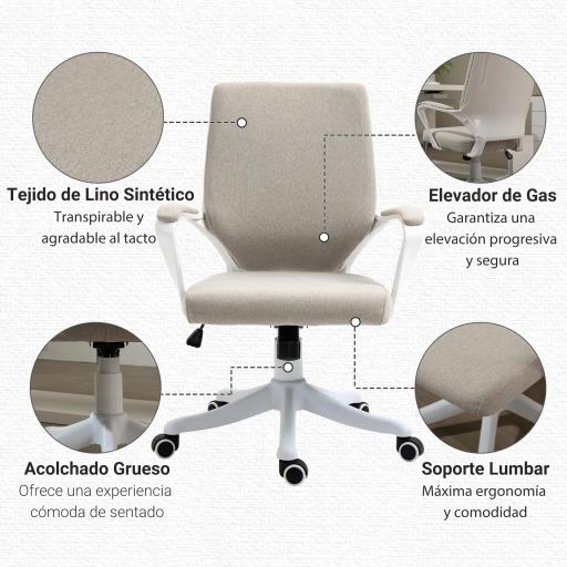 Silla de Escritorio Giratoria Silla de Oficina Basculante con Reposabrazos y Altura Ajustable 62x69x92-100 cm Beige [3]