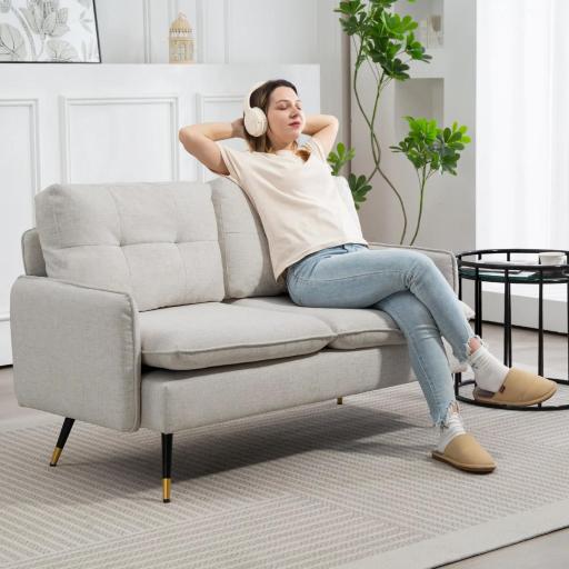 Sofá de Salón de 2 Plazas Moderno con 4 Cojines Reposabrazos y Patas de Acero Carga 240 kg 139x68x80 cm Crema [4]