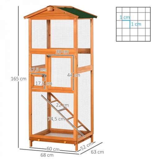 Jaula para Pájaros Grande de Madera de Abeto con 2 Puertas Bandeja Extraíble y Techo Asfáltico 68x63x165cm Madera [1]