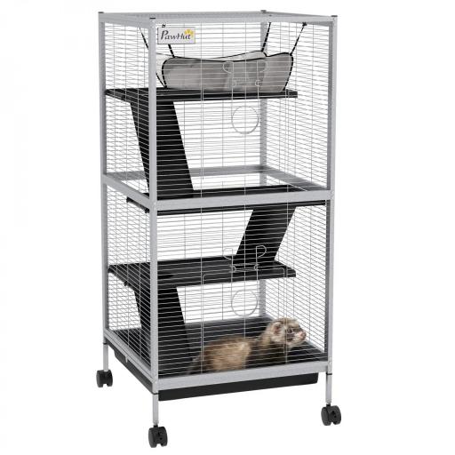 Jaula para Animales Pequeños con Ruedas 2 Puertas 3 Rampas Hamaca Colgante y Bandeja Extraíble 52x52x113,5cm Gris [9]