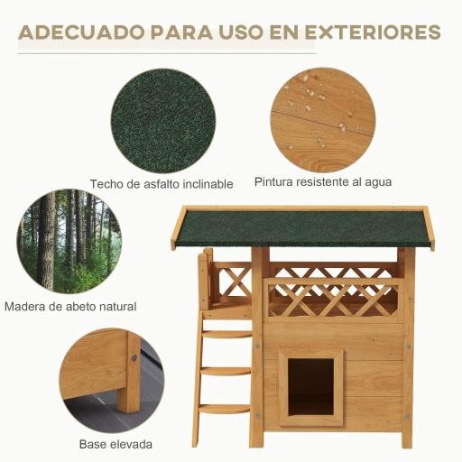 Caseta para Gatos de 2 Niveles 77x50x73cm Refugio para Gatos con Techo Asfáltico Escalera y Balcón para Exterior Natural [2]