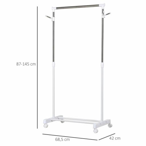 Estante de Ropa Perchero Estándar de Barra Altura Ajustable Portátil con Estante Inferior sobre Ruedas Tubería de Acero 68,5x42x87-145 cm Blanco Plata [1]