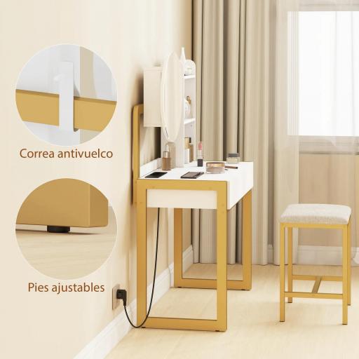 Tocador de Maquillaje con Espejo y Taburete Acolchado Estación de Carga 2 Cajones 3 Estantes para Dormitorio Blanco [6]