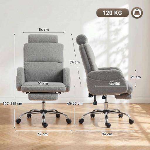 Silla de Escritorio con Reposapiés Tapizada en Borreguito con Respaldo Reclinable Reposacabezas Ajustable Gris Claro [1]