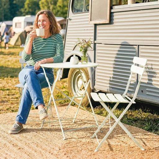 Conjunto de Jardín Plegable con 2 Sillas Plegables Mesa Redonda Estructura Metálica Electrofórica para Balcón Crema [7]