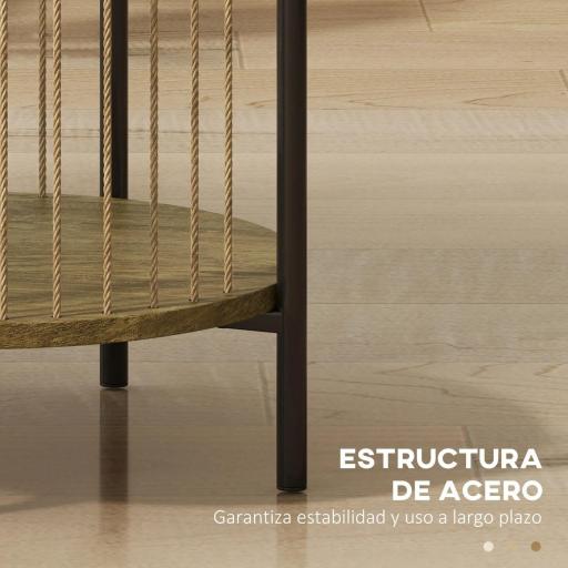 Mesa Auxiliar Redonda de 2 Niveles con Estante y Estructura de Acero para Salón Dormitorio 43,5x43,5x51 cm Natural [5]