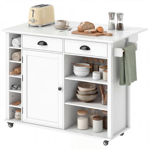 Isla de Cocina con Ruedas Tapa Abatible Especiero Toallero Armario 2 Cajones 117,5x70x91 cm Blanco [10]