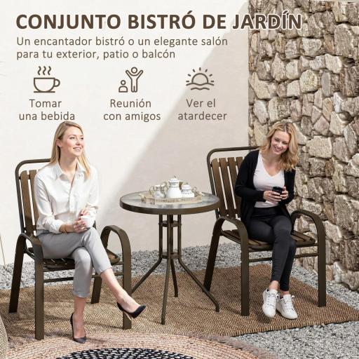 Conjunto de Jardín Exterior de 3 Piezas con 2 Sillas Apilables y Mesa Redonda de Vidrio Templado para Balcón Terraza [2]