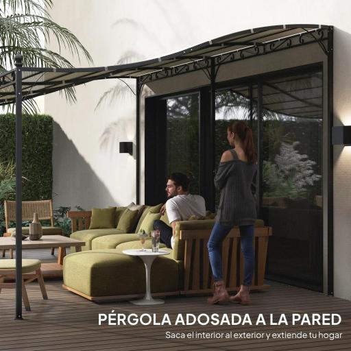 Pérgola de Pared 3x6 m con Techo Inclinado Orificios de Drenaje y Estructura Metálica Blanco Crema [8]
