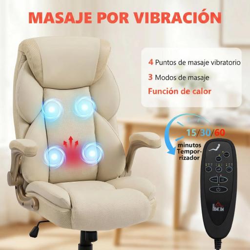 Silla de Oficina con Masaje Vibratorio de 4 Puntos Calor Lumbar Brazos Abatibles Respaldo Alto Altura Ajustable Crema [3]
