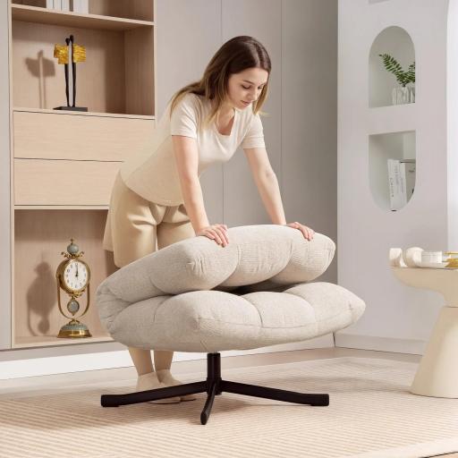 Butaca de Salón Giratoria Moderna Tapizada en Chenilla con Asiento Ancho Base Cruz y Patas de Acero Sillón Relax Crema [7]