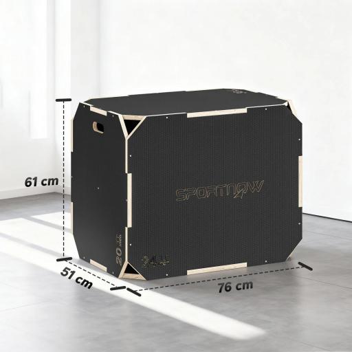 Cajón Pliométrico de Madera 3 en 1 con 3 Alturas Diferentes Asas sin Esquinas Entrenamiento de Salto 76x61x51 cm Negro [1]