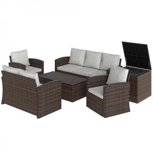 Conjunto de Jardín Exterior de Ratán 6 Piezas Cojines Sofá Doble Sofá 3 Plazas 2 Sillones 2 Mesas Auxiliares Beige [6]
