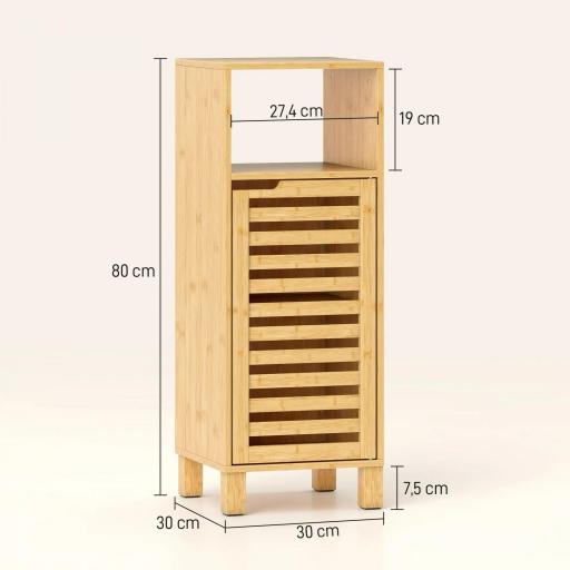 Mueble Auxiliar de Baño Estrecho con Puerta de Lamas Balda Abierto Estante Ajustable 30x30x80 cm Natural [1]
