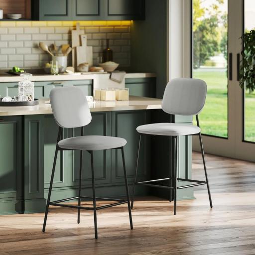 Conjunto de 2 Taburetes de Bar con Respaldo Tapizado Aterciopelado y Estructura de Acero 45x49x102 cm Gris Claro