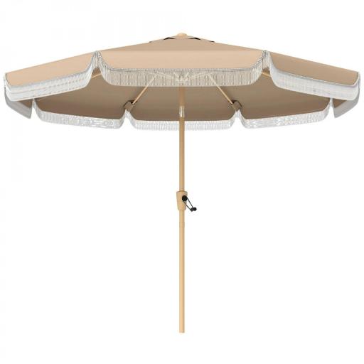 Sombrilla de Jardín Ø266x238 cm con Ángulo Ajustable Manivela y Toldo con Flecos Decorativos para Patio Terraza Caqui [9]