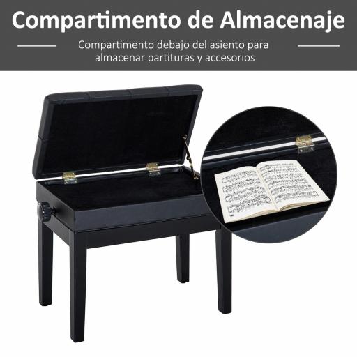 Banqueta para Piano Banco para Piano con Ajustable en Altura de 48 a 58 cm Espacio de Almacenamiento Patas de Madera Taburete para Teclado Acolchado 54,5x33x48-58 cm Negro [2]