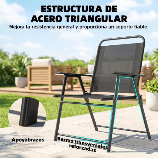 Pack de 4 Sillas de Camping Plegables con Respaldo Alto Asiento Ancho y Reposabrazos Tela Textilene Transpirable Negro [6]