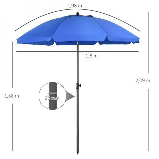 Sombrilla de Playa con Protección UV50+ Mástil de Ø32 mm y Toldo Ajustable Ø180x209 cm Azul [1]