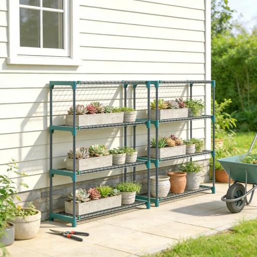 Juego de 2 Soportes para Plantas de 4 Niveles Interior y Exterior Estantes Metálicos con Conectores Fácil Montaje Verde