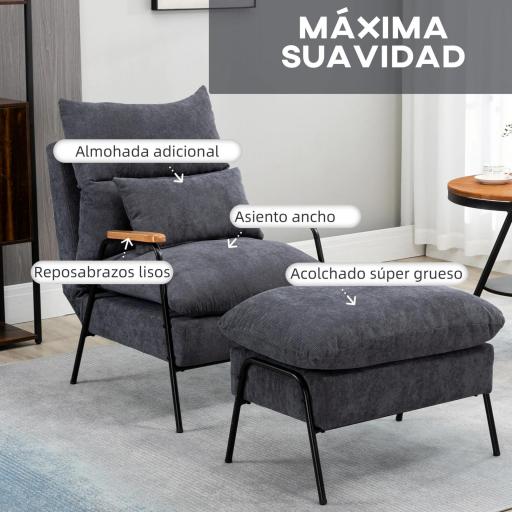 Sillón de Relax con Reposapiés Sillón Reclinable con Respaldo Ajustable Tapizado en Pana 68x91,5x88 cm Gris [7]