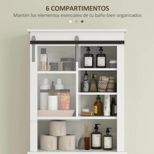Mueble sobre Inodoro para el Baño con Puerta Corredera de Granero y 6 Compartimentos Estilo Rústico 67x25x172 cm Blanco [6]